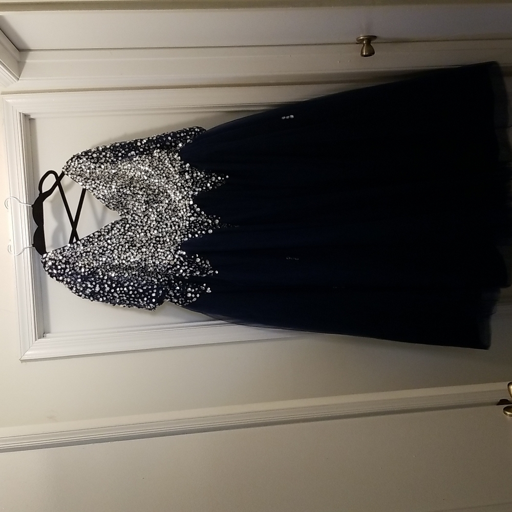 Prom Dress Evening Gown Navy Blue bling rhinestones sleeves sleeved